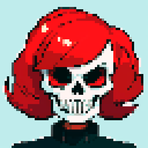 cartoon skull face, vibrant colors, bold lines, exaggerated features, pixelated details, sRGB color palette