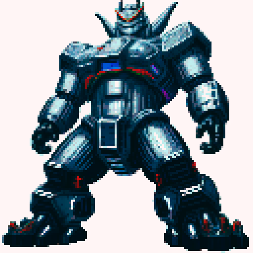 Mechagodzilla, towering metallic behemoth, adorned with intricate pixel art details, glowing with vibrant sRGB colors