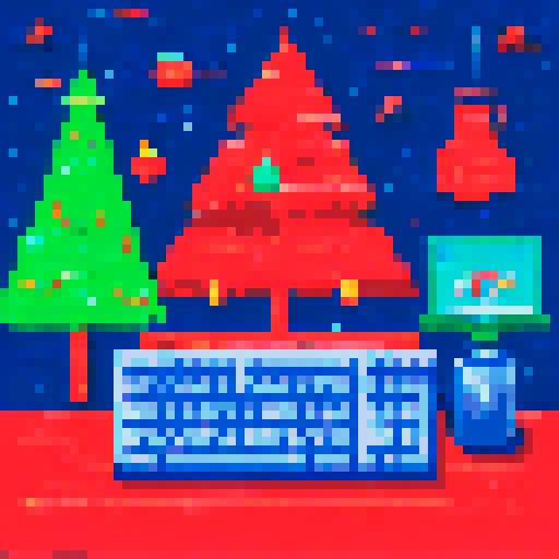 keyboard, mouse, decorated Christmas tree with twinkling lights instead of monitor, desk, 8-bit, vibrant and lively asthetic