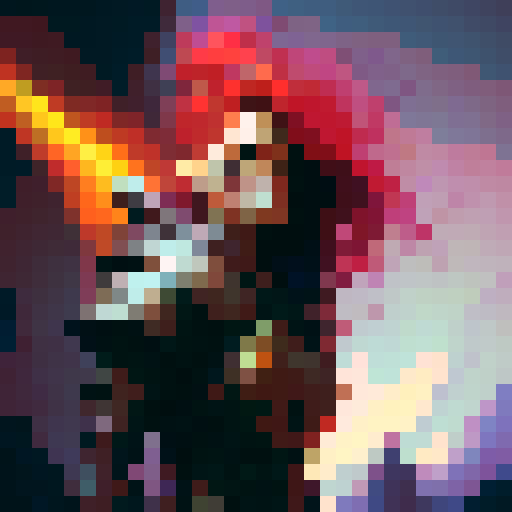 worrier, determined expression, wielding a sword, fiery red hair, intricate armor, intense battle scene, dramatic lighting, vibrant colors, pixelated details, fantasy RPG