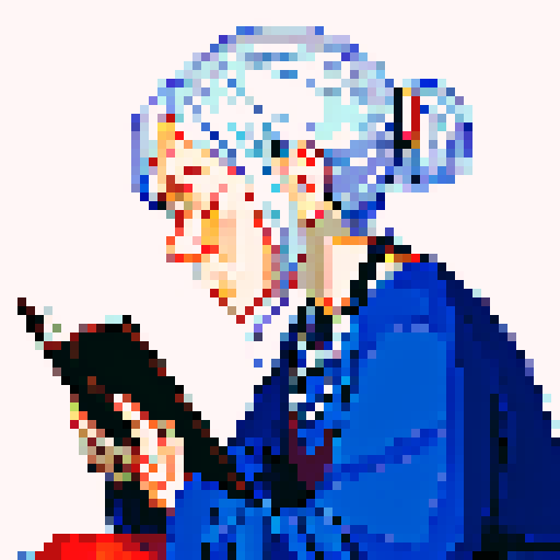 old lady, sitting, sleeping, book in hand, long silver braid, profile, whole body, game avatar, 16x16, pixel art, close up, portrait