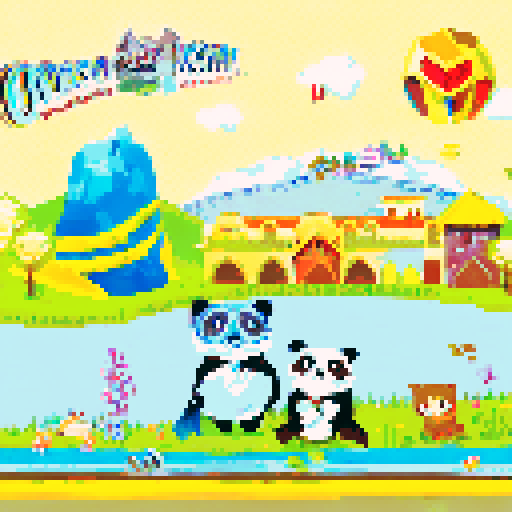 Lush green meadows, towering snow-capped mountains, serene blue lakes, vibrant wildflowers, cascading waterfalls, quaint wooden cabins, winding forest trails, golden sunset skies, wispy clouds, pixelated birds in a landscape portrait with a pixel art style