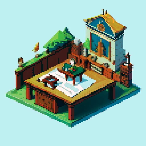  block, wood, isometric, medieval, writing table, feather pen, ink, paper, papers, royal seal, law,