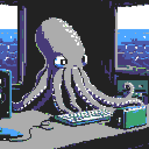 huge octopus, seated at a desk, typing on a laptop, pixelated tentacles, vibrant colors, low-resolution, retro aesthetic