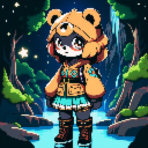 A graphic depiction of a bear in retro 1995 anime style, chibi form, with expressive black eyes and brown fur, styled with long twin pigtails. Wearing magical clothes with intricate belts and patches. Background of a wild magic night with a dark waterfall and bright stars. Created Using: classic anime aesthetics, detailed magical garments, enchanting night setting, vivid portrayal, star reflections, dynamic composition, hd quality --ar 2:3 --v 6.0