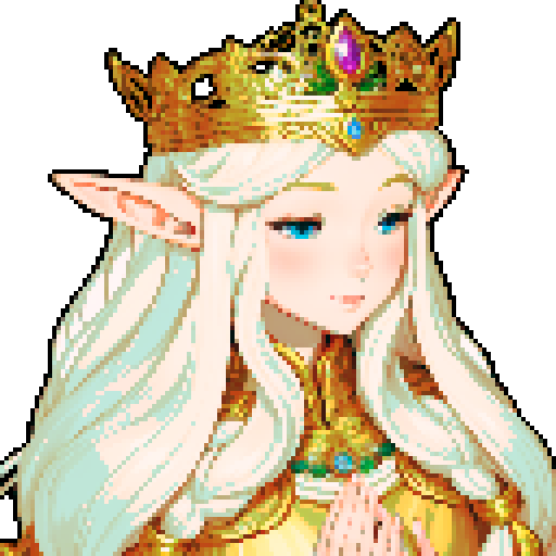 beautiful illustrious Elf Queen, golden-sun hair with white, comforting, welcoming look, ceremonial regal clothes of the elven royalty, pixel art, sRGB