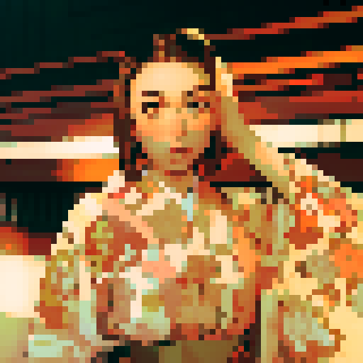 half Japanese, short brown hair, brown eyes, kimono, sRGB, pixel art