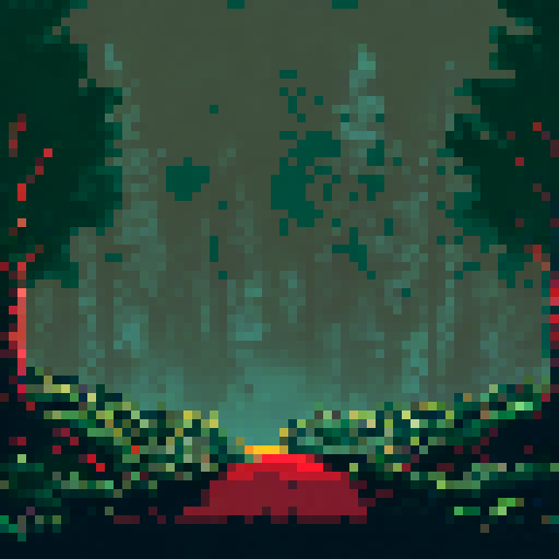 eerie, mist-covered trees, silhouetted against a dark night sky, pixel art, background, landscape