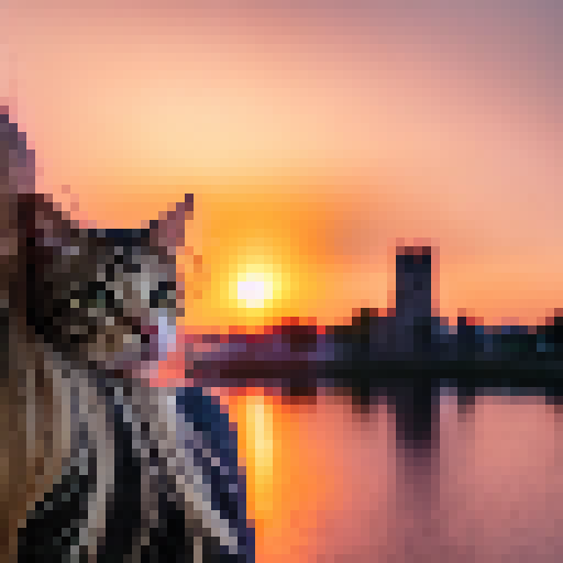 Cat perched on girl's shoulder, gazing at magical sunset over medieval castle.