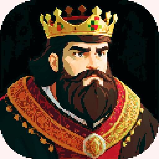 king, regal, crown, majestic, stoic expression, sharp features, detailed beard, royal robe, intricate embroidery, game icon,  sRGB, skill art, close up, portrait