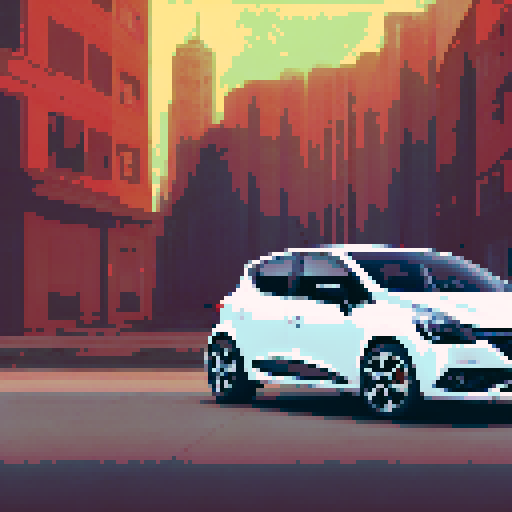Photorealistic whole Renault Clio, centered, three-quarter view, right front wheel, clean background, sRGB colors, pixel art style