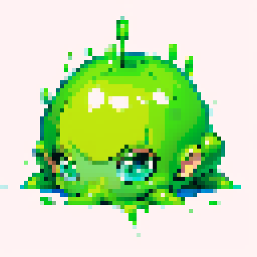 Pixel art of a vibrant, sRGB green slime with shiny, glistening textures and a playful, gooey appearance