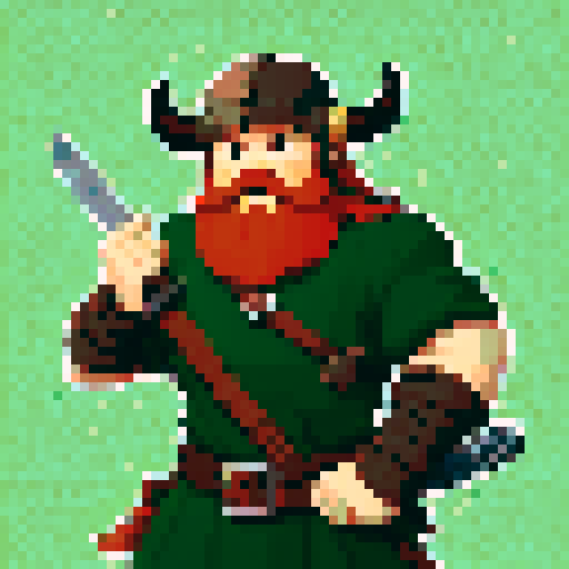 slightly pixelated, a viking with ginger beard, sword and horns helmet. an assassin wearing green and holding 2 knives.