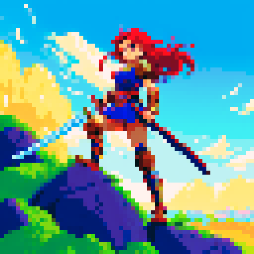 warrior, fierce, armored, wielding a mighty sword, standing on a rocky cliff, with vibrant pixelated clouds swirling in the sky, bathed in the vibrant colors of the sRGB palette