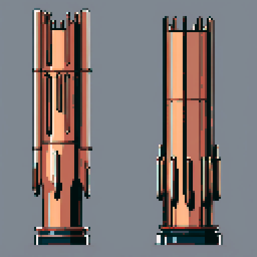 I want a tall vertical copper structure reminiscent of a organ pipe. It should have strange mechanical details that could interlock with each other. I also want this object usable an asset in a videogame, meaning only one object per image, outlined with a strong black stroke, on a solid-color background.