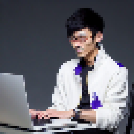 An Asian guy with medium length black hair wearing a Lakers jersey is using a computer, cyberpunk