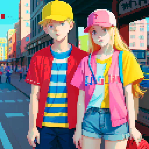 Urban town, 90's, boy with blue and yellow striped shirt and red baseball cap, girl with blonde hair pink dress