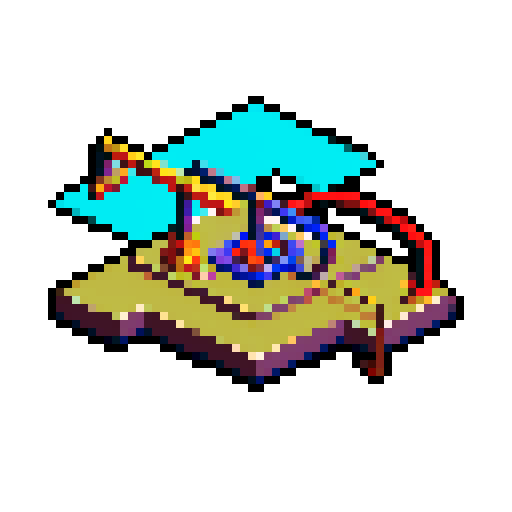 grappling hook, pixelated rope, vibrant colors, detailed metal, retro game style, isometric view, textured handle, 8-bit pixels, shiny metallic, intricate mechanism, sharp hooks, minimalistic design