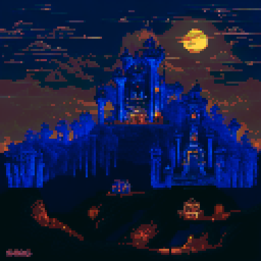 a pirate city by night, in pixel art. Blue ambient, orange lights from windows. houses made of wood.