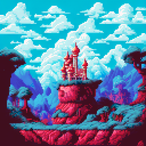Alice, energetic and curious, explores a bizarre wonderland in pixel graphics with hilly landscapes, dark surroundings and a picturesque sRGB background with mushrooms
