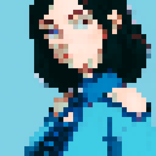 western style, portrait avatar, woman with shoulder length dark hair, looking at the camera, blue palette, close up