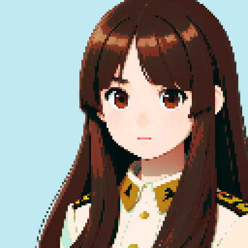 young girl, large round eyes, brown hair, brown eyes, wearing combat army uniform, upper body close-up, clean and detailed, centered composition, beautiful girl, long flowing hair, detailed eyes, slim figure, soft smile, round face, like Japanese anime