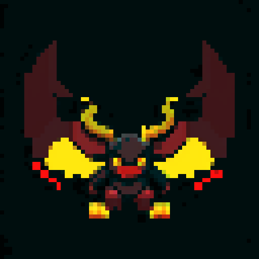 A towering demonic figure with massive horns, sharp claws, and large bat-like wings. Its dark red skin is covered in glowing runes and it has piercing yellow eyes. It exudes a powerful and sinister aura. No background.