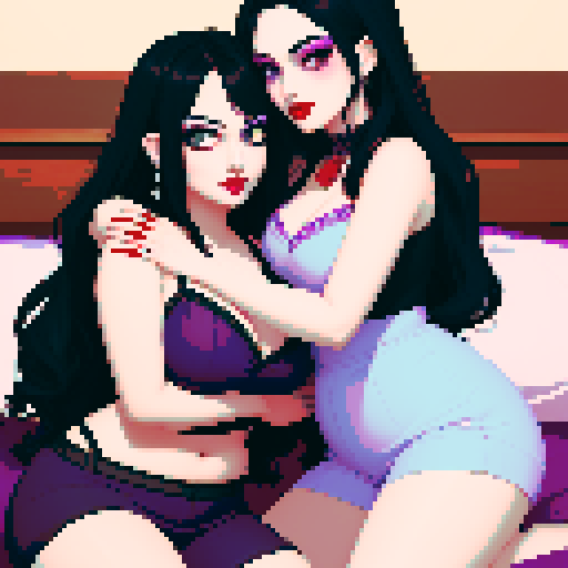 curvy, cute, goth girls with black hair, purple eyeshadow, and red lipstick, in love, embracing each other, all displayed in sRGB