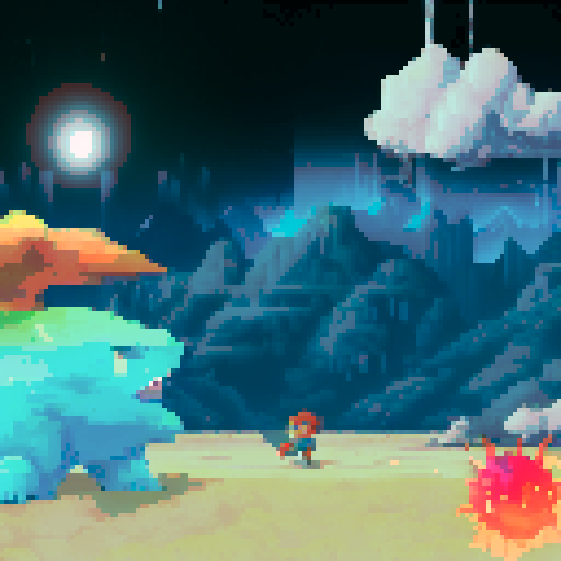 Battleground pokemon gym, vibrant colors, pixelated trainers, towering mountains, lush green grass, electrifying lightning bolts, dynamic battle poses, cascading waterfalls, swirling clouds, dramatic sunset, epic battles