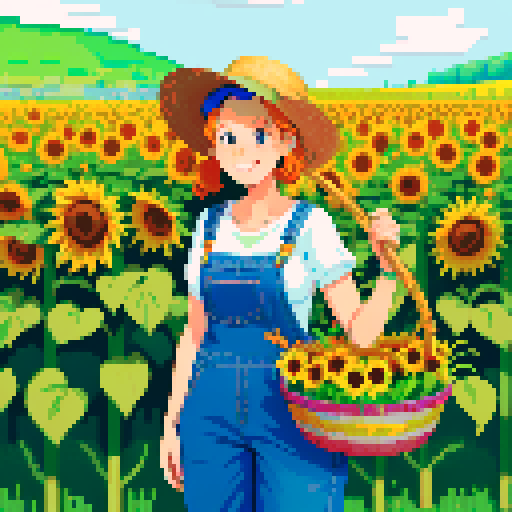 happy, female farmer in pixel art style, surrounded by vibrant green fields, wearing worn-out denim overalls and a straw hat, holding a basket full of freshly harvested carrots and a bouquet of sunflowers, with a content smile on his face, standing next to a rustic wooden cart filled with colorful fruits and vegetables