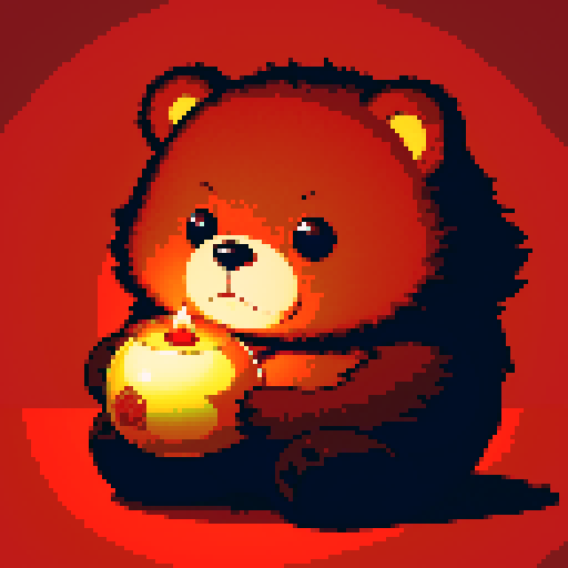 A photography of a chubby bear, button eyes, plush brown fur, in a relaxed mascot pose, enveloped by a rich red background with artistic black shadows. Features a magic ball, a satanic pendant, and a softly glowing wax candle on a table draped in a red tablecloth. Created Using: retro pixel aesthetic, gothic atmosphere, shadow play, poster-style composition, mystical and magical elements, vivid colors, hd quality,