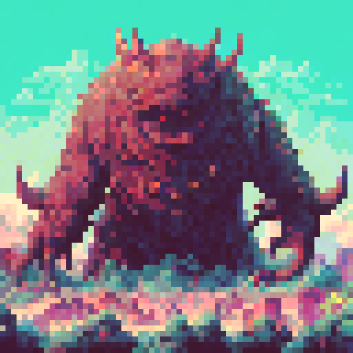 Huge, horned monster towering over a sea of tiny partygoers, all dancing to neon lights in a whimsical, surreal landscape