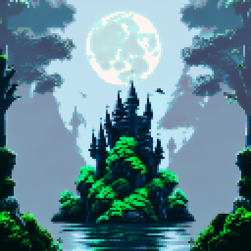 Gargoyles perched on mossy stone, eerie shadows cast by full moon, Gothic castle turrets, misty gray deep-sea, pixel art, sRGB, underwater landscape