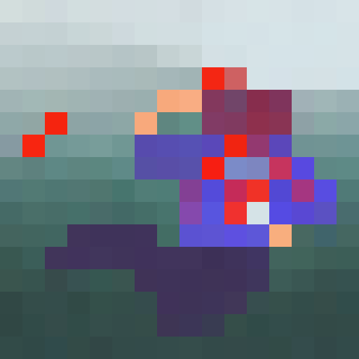 Flames engulf a tiny warrior in hot mode, their fiery armor reflecting the intensity of battle in this 16x16 pixel portrait.