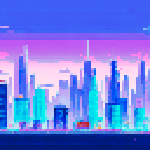 Snow-capped skyscraper towering over a neon city, all rendered in a vibrant, pixelated art style on an sRGB background