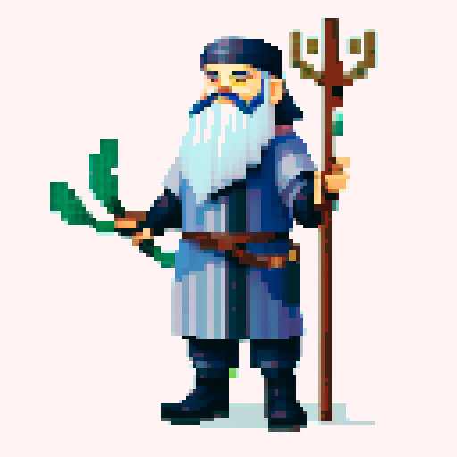 old raven-like druid with grey beard, with staff in hand