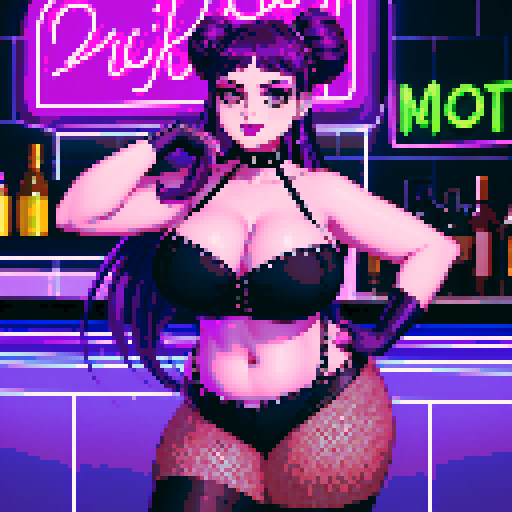 Thicc, curvy, busty goth babe with studded collar, long purple hair in buns, halter top, fishnet stockings, working as a bartender, neon signage, modern tile, pixel art, sRGB