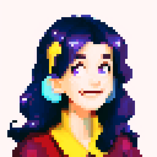 young woman with long wavy dark purple or navy blue hair, small white daisy tucked behind ear, soft facial features, fair skin, gentle expression, striking blue or violet eyes, subtle freckles on cheeks, maroon or burgundy outfit with yellow collar, classic elegant look, retro video game aesthetics, charming nostalgic vibe, eating a cookie with a happy expression, looking through binoculars with focus and curiosity, pixelated art style.One where the character is looking at a phone