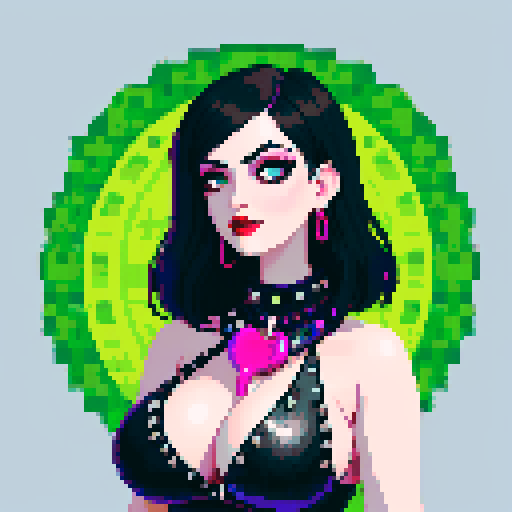 curvy, cute busty goth girl face, whole head portrait, black hair, purple eyeshadow, red lipstick, low cut black studded leather halter top, studded collar, vibrant sRGB colors.