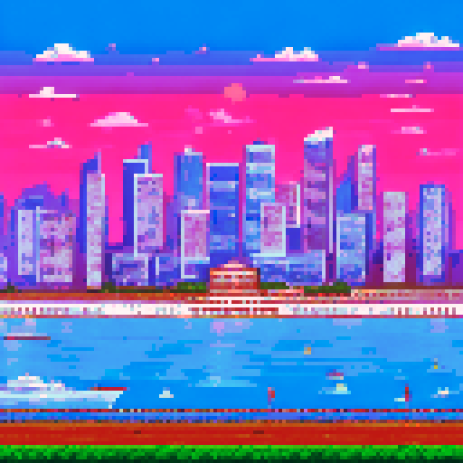 Monaco's glittering harbor nestled amidst towering skyscrapers, a sleek red Ferrari zooming past the roaring crowd, the sun-drenched coastline glittering in the background, all captured in vibrant pixelated glory