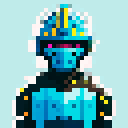 armoured knight, intricate metallic details, vibrant colors, 8-bit inspired, sharp edges, blocky forms, limited color palette, retro gaming vibes, high contrast, dithering effects, low resolution, nostalgic feel, iconic helmet, shiny armor plating
