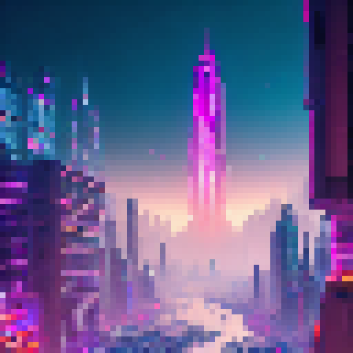 Generate a pixel art image of a futuristic cityscape, featuring towering skyscrapers with neon lights and flying vehicles zooming through the air. In the foreground, a mysterious figure wearing a hooded cloak stands atop a rooftop, overlooking the bustling metropolis below.
