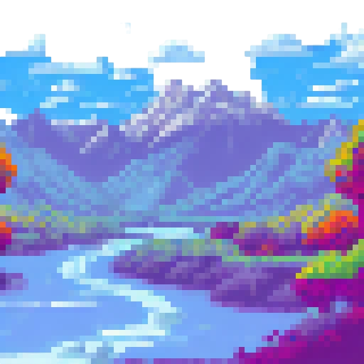 Snow-capped peaks tower over a serene valley, filled with vibrant green trees and a sparkling river, all rendered in a stunningly detailed pixel art style with an sRGB color space