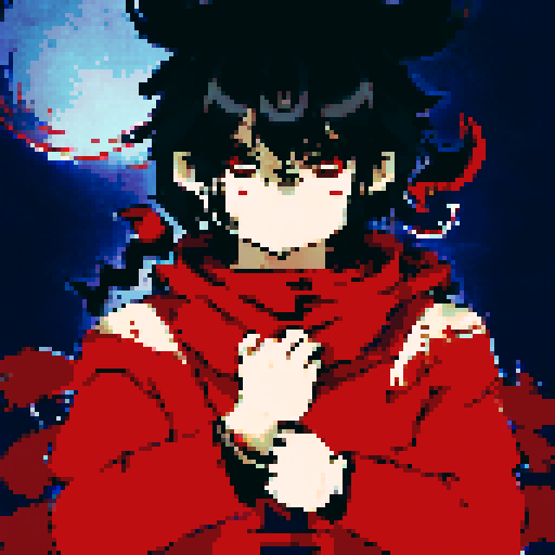 Male half-demon warrior, short black hair, captivating fusion of dark and fiery elements, red eyes reflecting fierce determination and vulnerability, attire blending traditional and modern influences from human and demon, character portrait, anime style, pixel art, close-up
