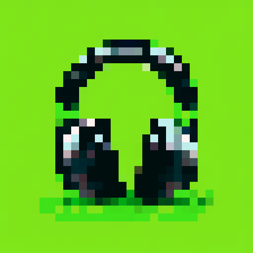 sci fi headphones, lime green background, 1-bit pixel art, game icon, sRGB, pixel art, landscape