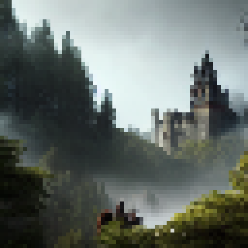 Castle perched atop a craggy mountain, looming trees and misty clouds in the background, a knight on horseback riding towards the entrance, dramatic lighting and intricate stone carvings creating a Gothic feel. Classic RPG