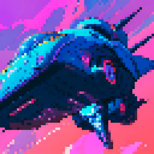 futuristic spaceship hovering, rocky planet beneath, vibrant sky swirling with neon hues, game icon inspired, sRGB, pixel art