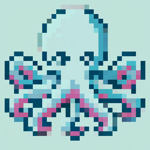 "Pixel art of a kraken with a retro, arcade-style aesthetic. The tentacles are symmetrical or wavy, with a blocky 8-bit style. Include a minimal background, such as plain white. The design evokes the feel of classic Space Invaders or retro video game creatures."