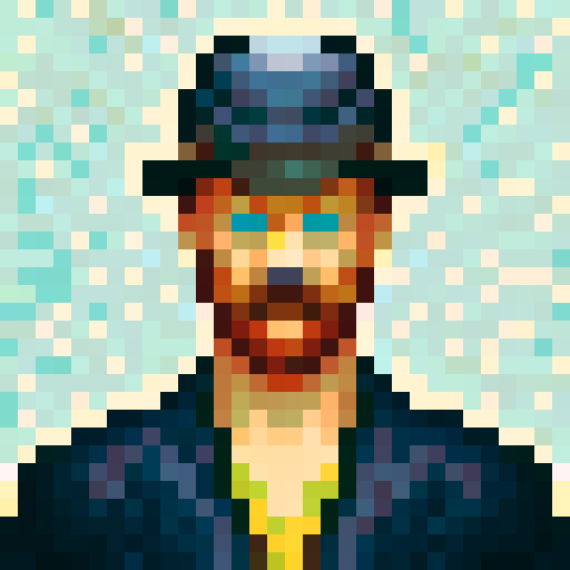 Man with a bowl hat and an apple, pixelated with vibrant colors, looking straight ahead with a mischievous glint in his eyes