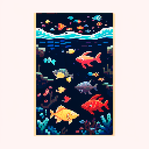 A vertical underwater canvas scene with a fish swimming towards the surface while being chased by a trawl. Surrounding dangers include fish hooks, mines, nests, and predatory fish. A fishing boat launches fish hooks above sea level. 